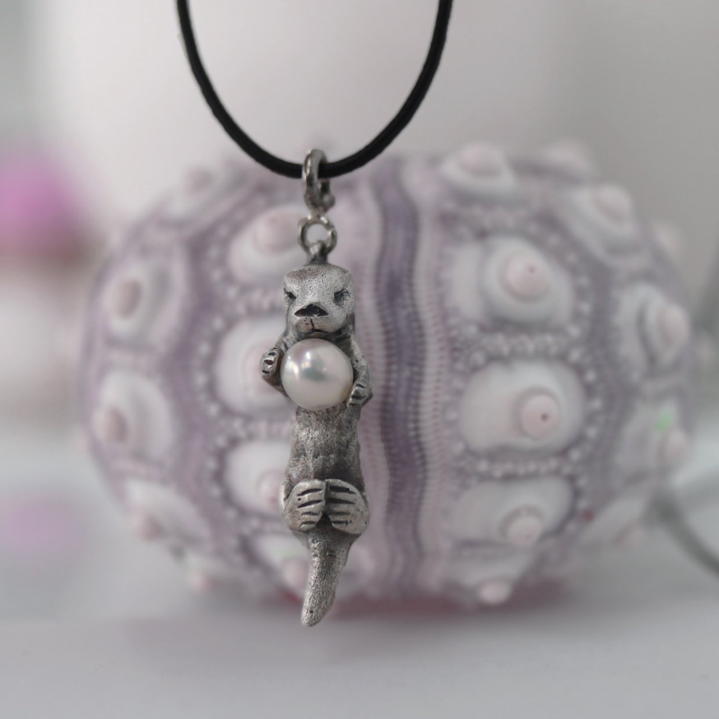 A Sea Otter Holding a Gem, Sterling Silver Pendant Necklace with a 4mm Freshwater Pearl
