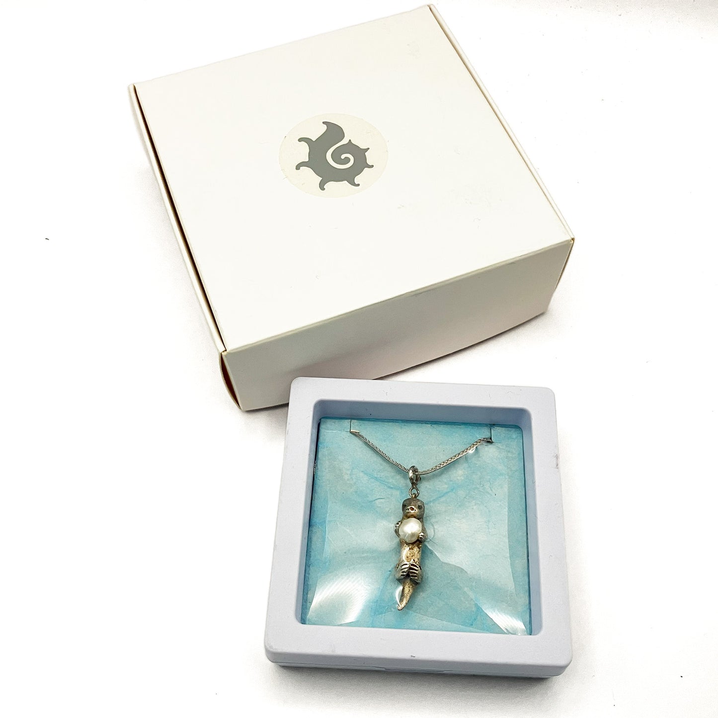 A Sea Otter Holding a Gem, Sterling Silver Pendant Necklace with a 4mm Freshwater Pearl