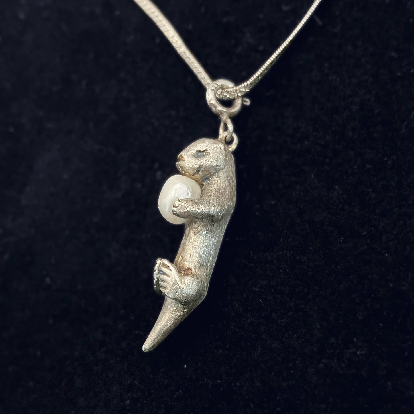 A Sea Otter Holding a Gem, Sterling Silver Pendant Necklace with a 4mm Freshwater Pearl