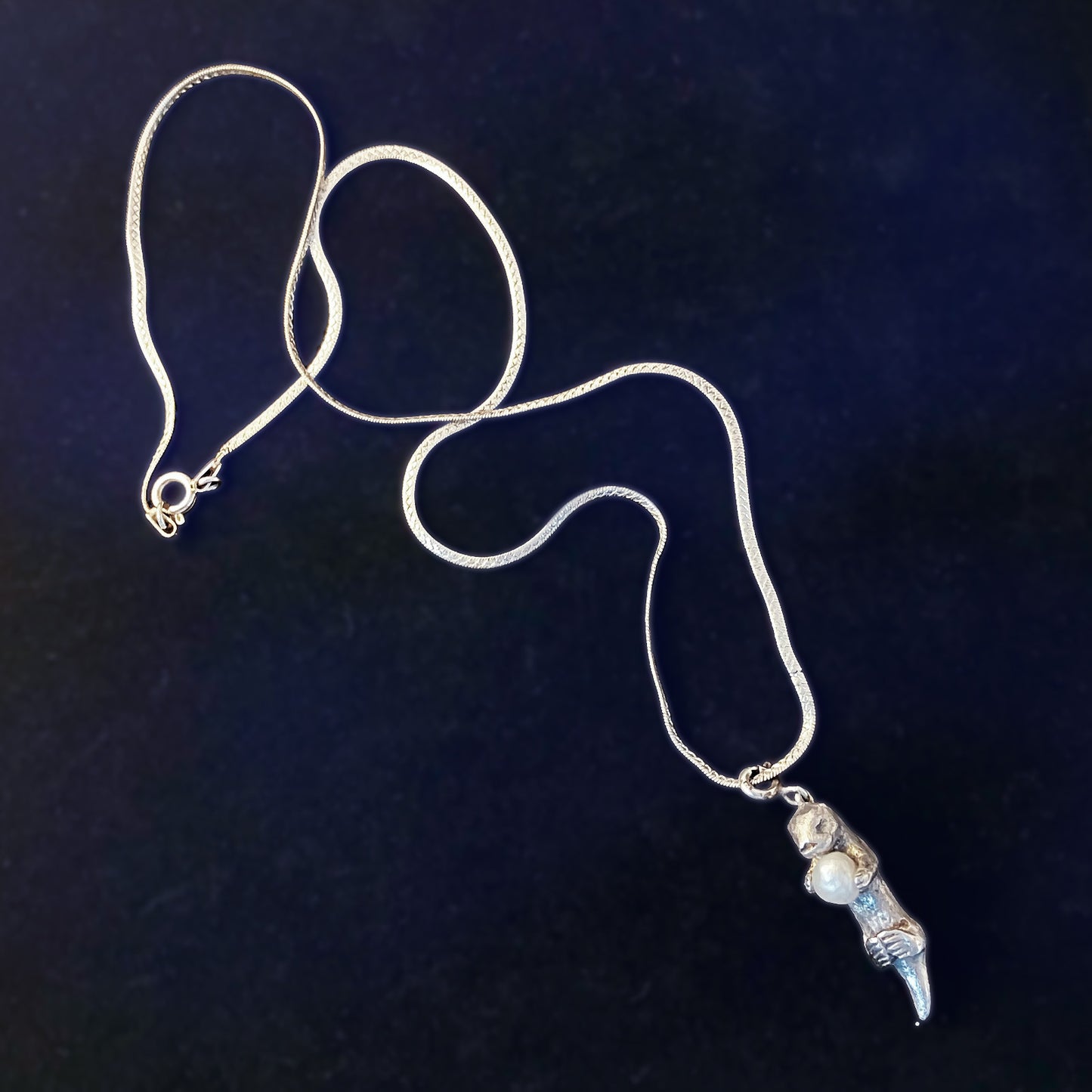 A Sea Otter Holding a Gem, Sterling Silver Pendant Necklace with a 4mm Freshwater Pearl