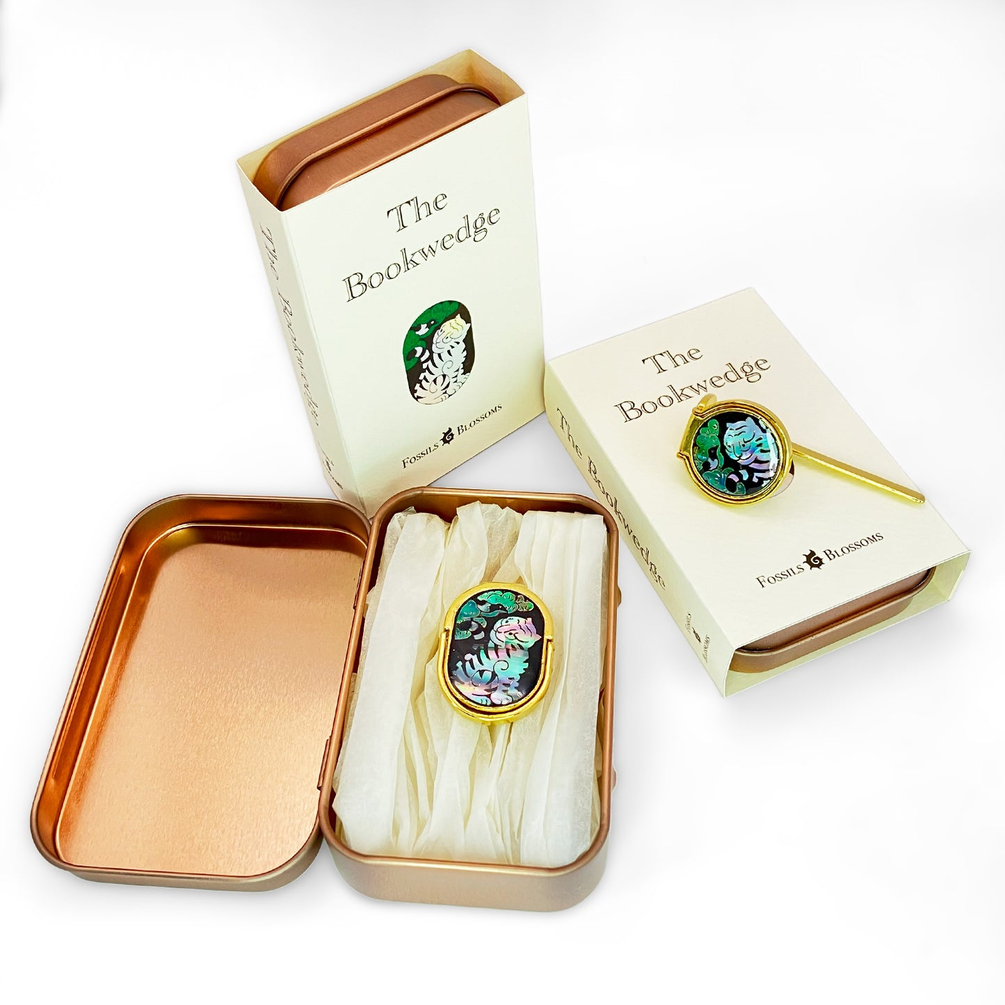The Bookwedge: A Tiger and a Magpie (2in1 bookmark & page holder thumb ring w. mother-of-pearl fingerpad)
