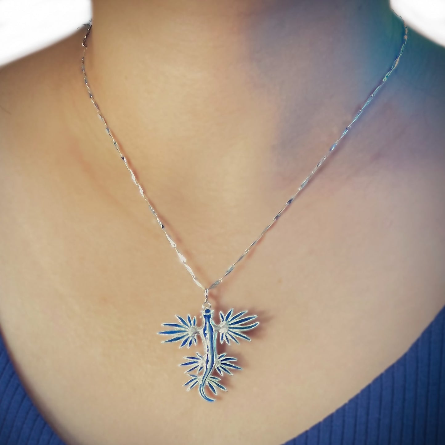 Glaucus atlanticus (blue dragon sea slug) necklace (cloisonne and sterling silver)