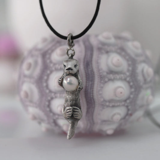 A Sea Otter Holding a Gem, Sterling Silver Pendant Necklace with a 4mm Freshwater Pearl