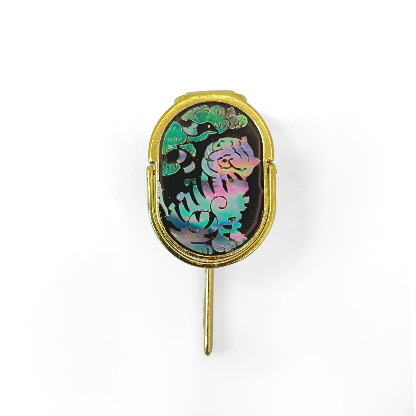 The Bookwedge: A Tiger and a Magpie (2in1 bookmark & page holder thumb ring w. mother-of-pearl fingerpad)